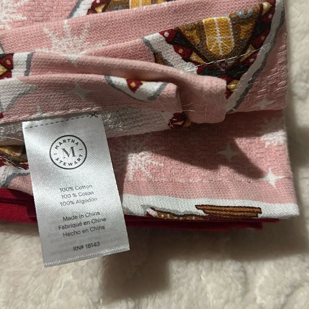 Martha Stewart 3 Cotton Pink Red White Christmas Homes Kitchen Tea Towels